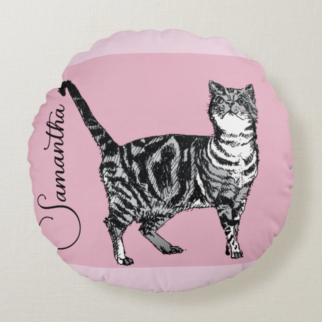 Pink Tabby Cat Cats Pink Girls Name Nursery Round Cushion (Front)