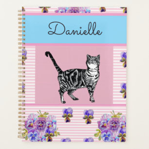 Pink Tabby Cat Cats Shabby Chic Pink Blue Girls Planner