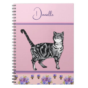 Pink Tabby Cat Cats Watercolor Customizable Girls Notebook