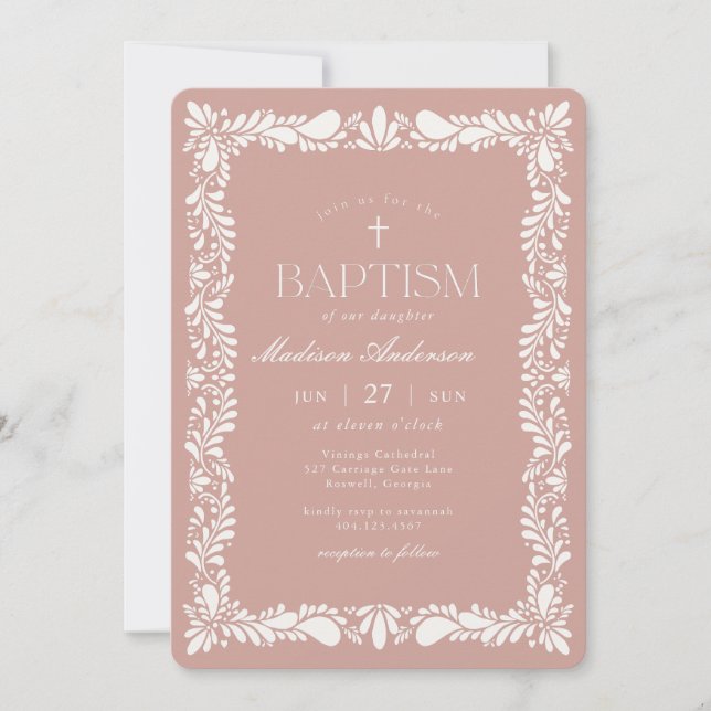 Pink Talavera Tile Spanish Fiesta Baptism Invitation (Front)