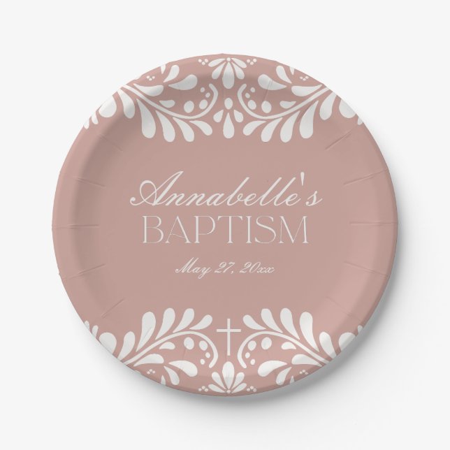 Pink Talavera Tile Spanish Fiesta Baptism Paper Plate (Front)