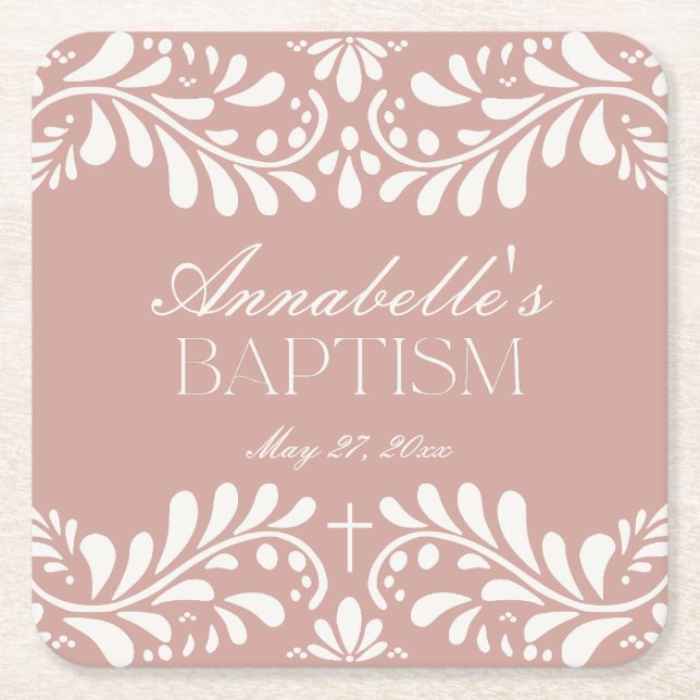 Pink Talavera Tile Spanish Fiesta Baptism Square Paper Coaster (Front)