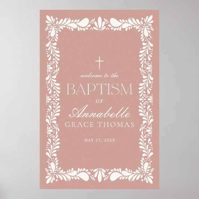 Pink Talavera Tile Spanish Fiesta Baptism Welcome Poster (Front)