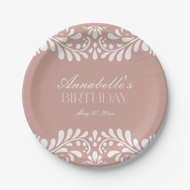Pink Talavera Tile Spanish Fiesta Birthday Paper Plate (Front)