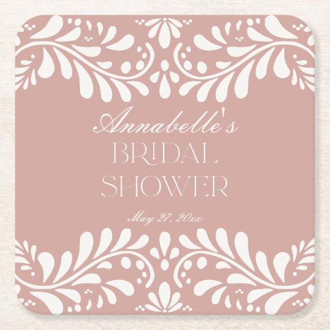 Pink Talavera Tile Spanish Fiesta Bridal Shower Square Paper Coaster (Front)