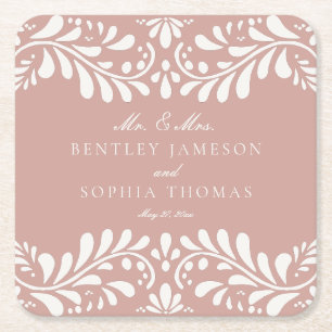 Pink Talavera Tile Spanish Style Fiesta Wedding Square Paper Coaster