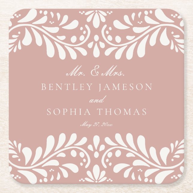 Pink Talavera Tile Spanish Style Fiesta Wedding Square Paper Coaster (Front)