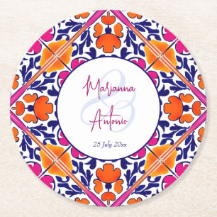 Pink talavera vintage Mexican wedding favours Round Paper Coaster