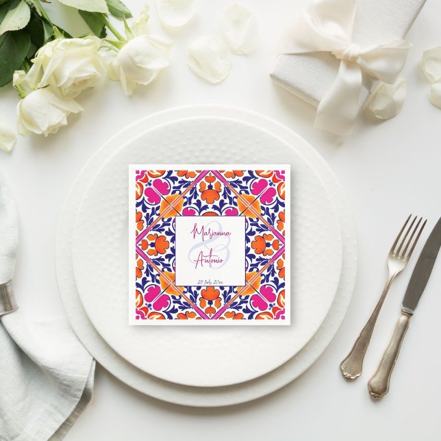 Pink talavera vintage Mexican wedding monogram Napkin (Pink talavera vintage Mexican wedding monogram printed Napkins personalized decor bride groom names)