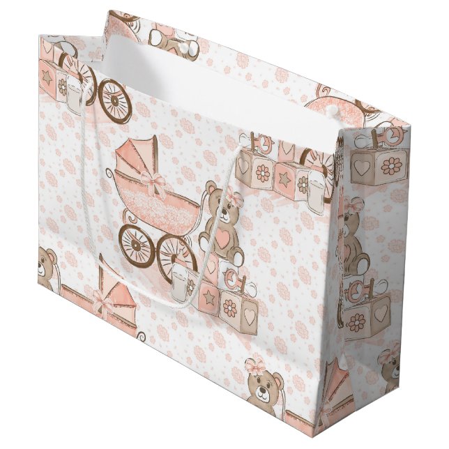 PINK & TAN BABY GIRL PRAM BEAR BLOCKS LARGE GIFT BAG (Front Angled)