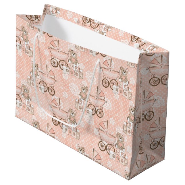 PINK & TAN BABY GIRL PRAM BEAR BLOCKS LARGE GIFT BAG (Front Angled)