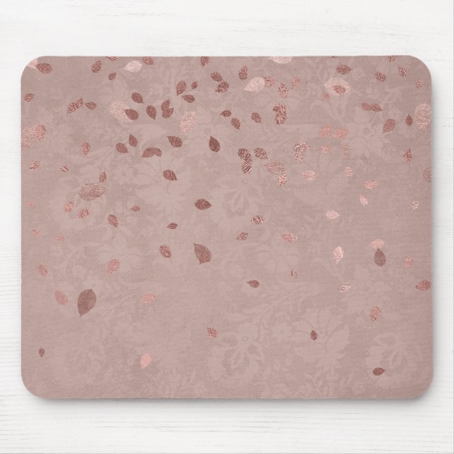 Pink Tan Brown Shiny Gold Elegant Random Leaves Mouse Mat (Front)