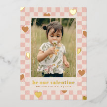 Pink Tan Chequerboard Hearts Valentine's Day Card