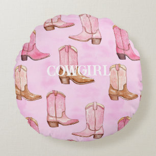 Pink Tan Cowgirl Boots Birthday Round Cushion