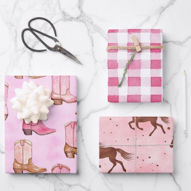 Pink Tan Cowgirl Boots Horses Birthday Wrapping Paper Sheet (Front)