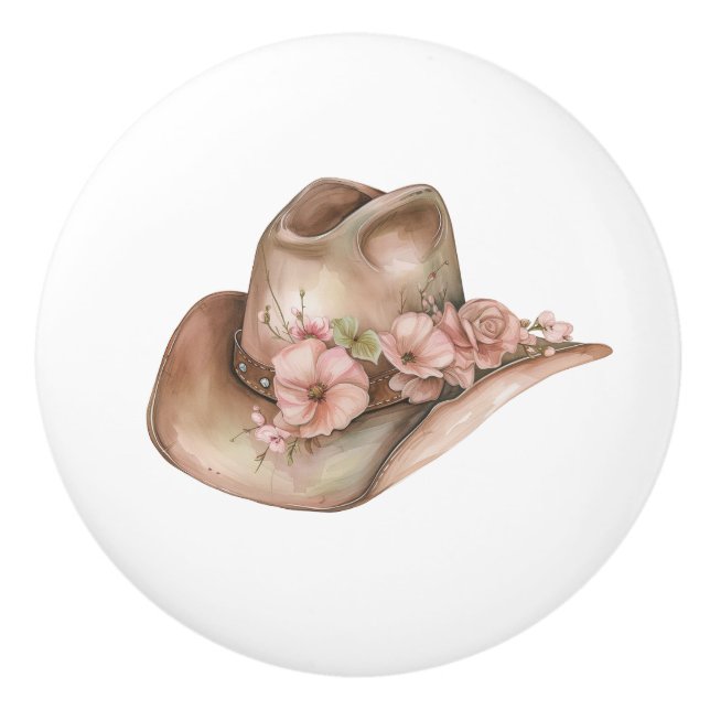 Pink Tan Floral Western Cowgirl Hat Ceramic Knob (Front)