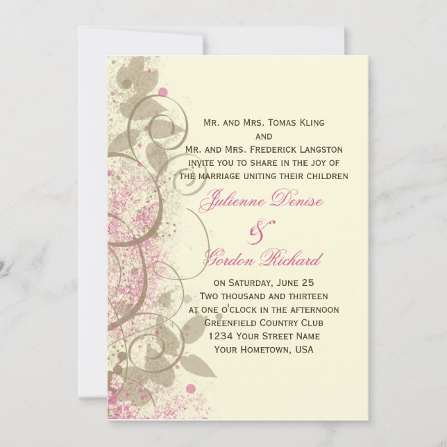 Pink Tan Grunge Swirls Leaves Wedding Invitation (Front)