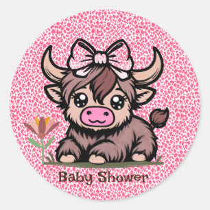 Pink Tan Highland Cow Girl Baby Shower Classic Round Sticker