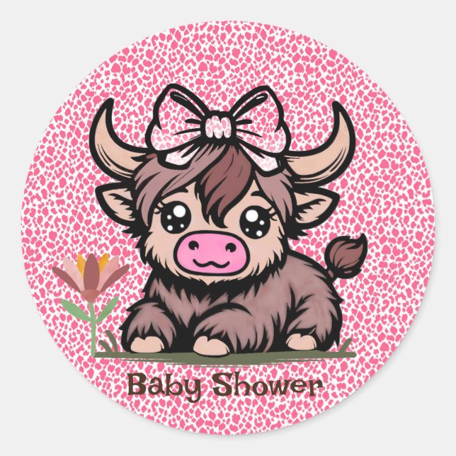 Pink Tan Highland Cow Girl Baby Shower Classic Round Sticker (Front)
