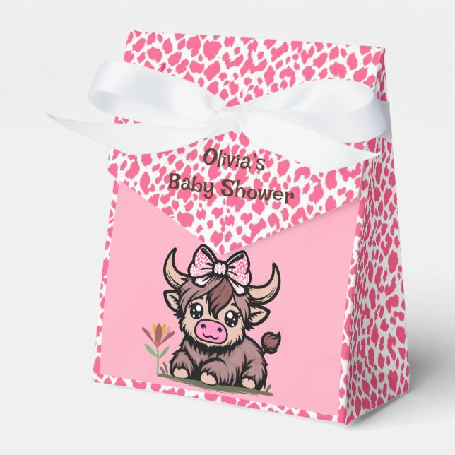 Pink Tan Highland Cow Girl Baby Shower Favour Box (Front Side)