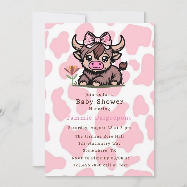 Pink Tan Highland Cow Girl Baby Shower  Invitation (Front)