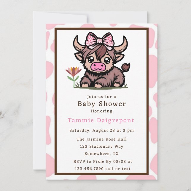 Pink Tan Highland Cow Girl Baby Shower  Invitation (Front)