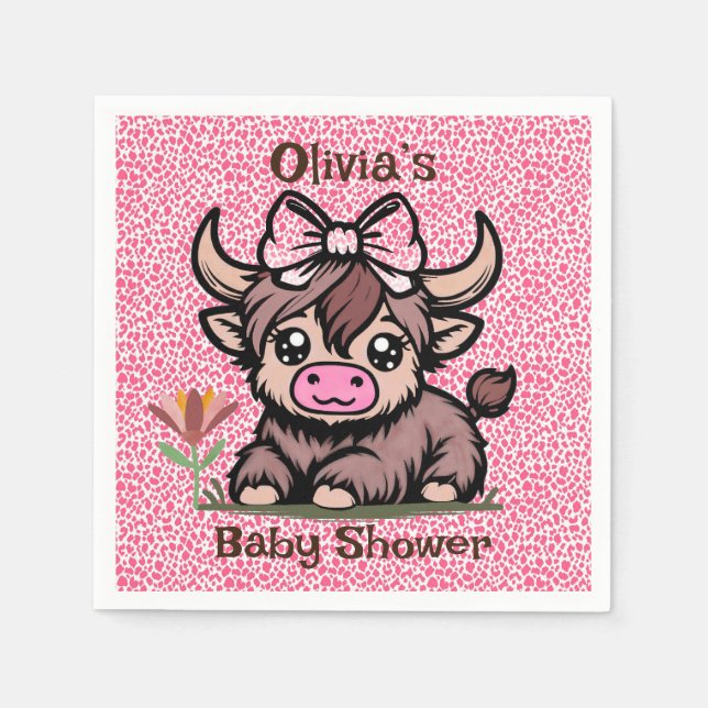 Pink Tan Highland Cow Girl Baby Shower Napkin (Front)