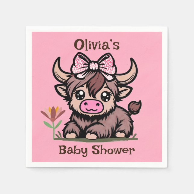 Pink Tan Highland Cow Girl Baby Shower Napkin (Front)