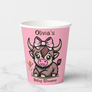 Pink Tan Highland Cow Girl Baby Shower Paper Cups