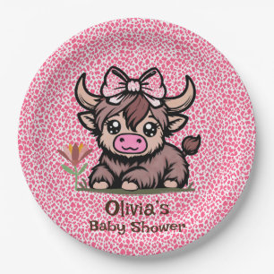 Pink Tan Highland Cow Girl Baby Shower Paper Plate