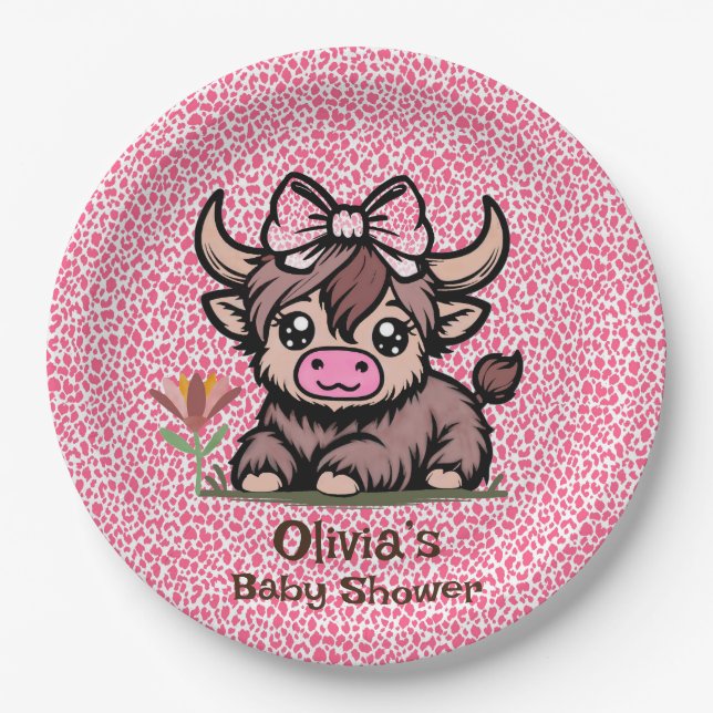 Pink Tan Highland Cow Girl Baby Shower Paper Plate (Front)
