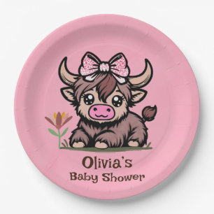 Pink Tan Highland Cow Girl Baby Shower Paper Plate