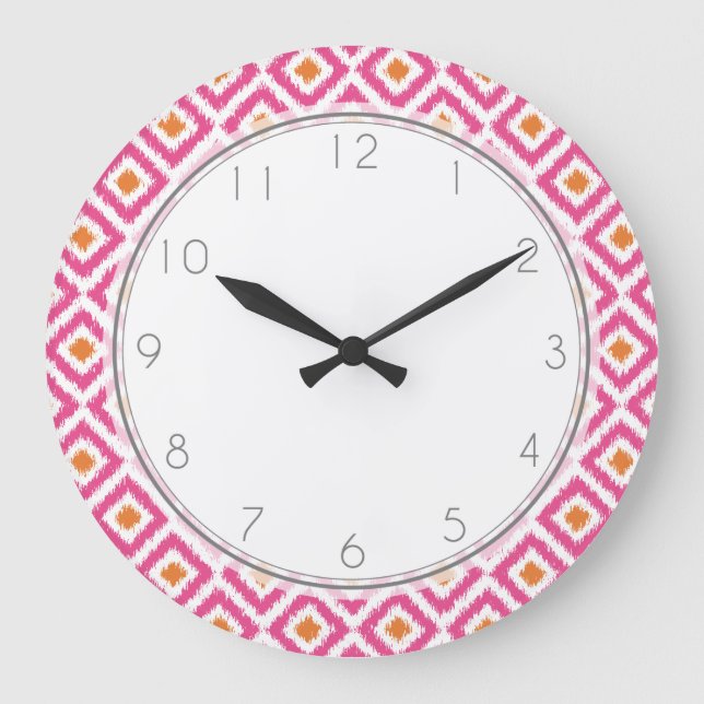 Pink Tangerine Diamond Ikat Pattern Large Clock (Front)