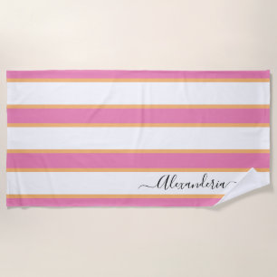 Pink Tangerine White Modern Preppy Stripes  Beach Beach Towel