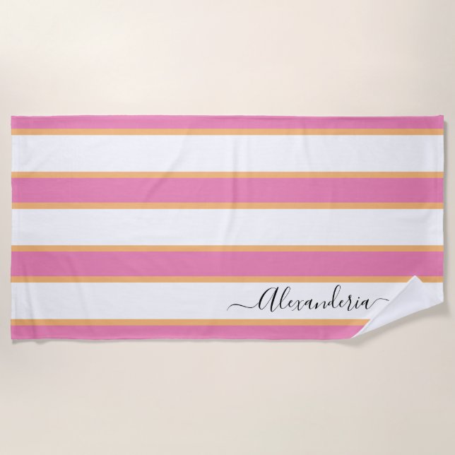 Pink Tangerine White Modern Preppy Stripes  Beach Beach Towel (Front)