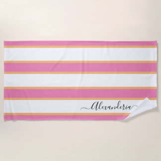 Pink Tangerine White Modern Preppy Stripes  Beach Towel