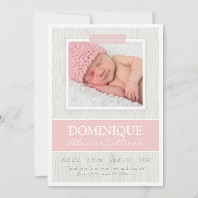 Pink Tape on Wood Grain Photo Birth Announcement (Front)