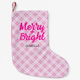Pink tartan Christmas Merry Bright Custom name Small Christmas Stocking