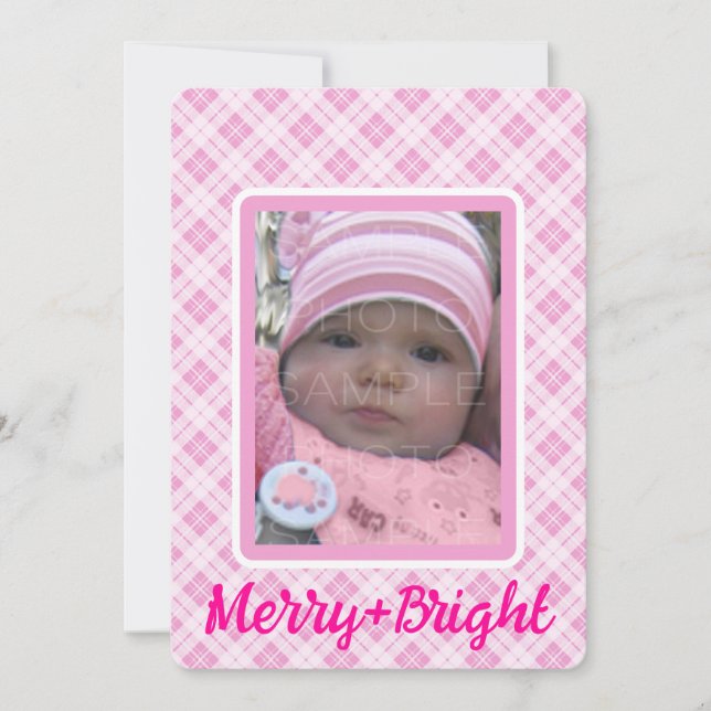 Pink tartan Christmas Merry Bright Custom photo Holiday Card (Front)