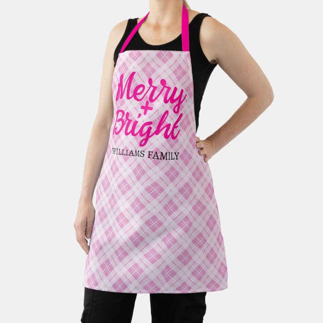 Pink tartan Christmas Merry Bright Family name Apron (Insitu)