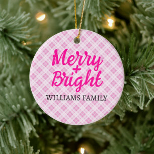 Pink tartan Christmas Merry Bright Family name Ceramic Tree Decoration
