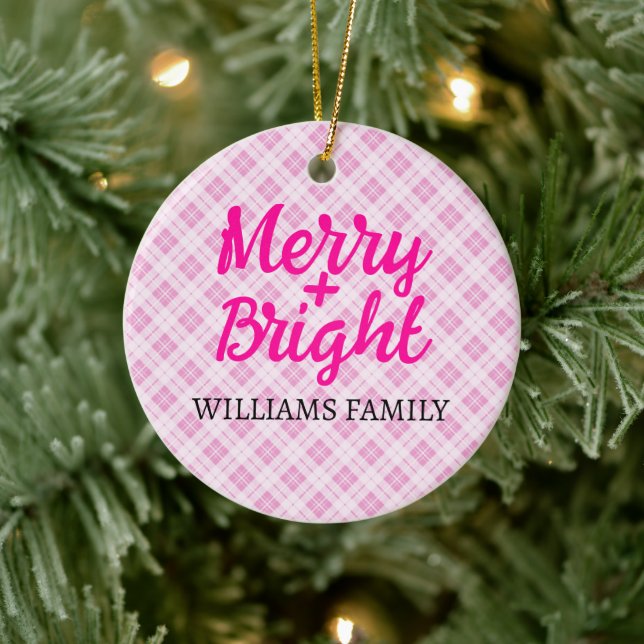 Pink tartan Christmas Merry Bright Family name Ceramic Tree Decoration (Tree)