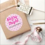 Pink tartan Christmas Merry Bright Family name Classic Round Sticker<br><div class="desc">Pink tartan Christmas Merry Bright Family name Classic Round Sticker. Cute elegant Christmas Winter New Year festive Gift Wrapping Supplies for her. Beautiful Christmas pattern Light pink plaid look by PLdesign.</div>