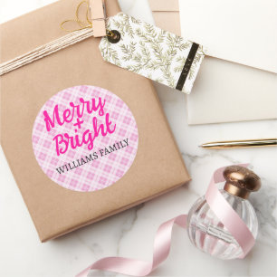 Pink tartan Christmas Merry Bright Family name Classic Round Sticker
