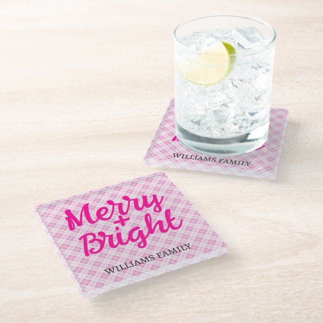 Pink tartan Christmas Merry Bright Family name Glass Coaster (Angled)