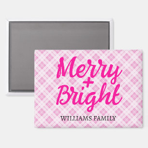 Pink tartan Christmas Merry Bright Family name Magnet