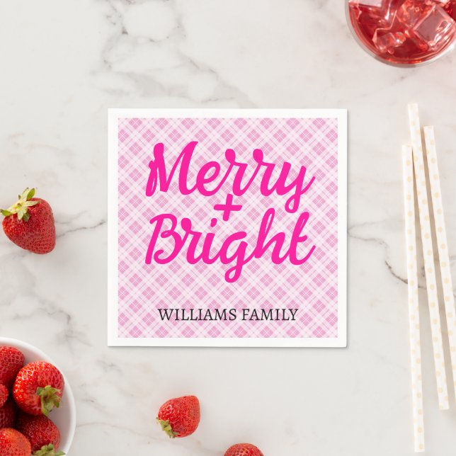 Pink tartan Christmas Merry Bright Family name Napkin (Insitu)