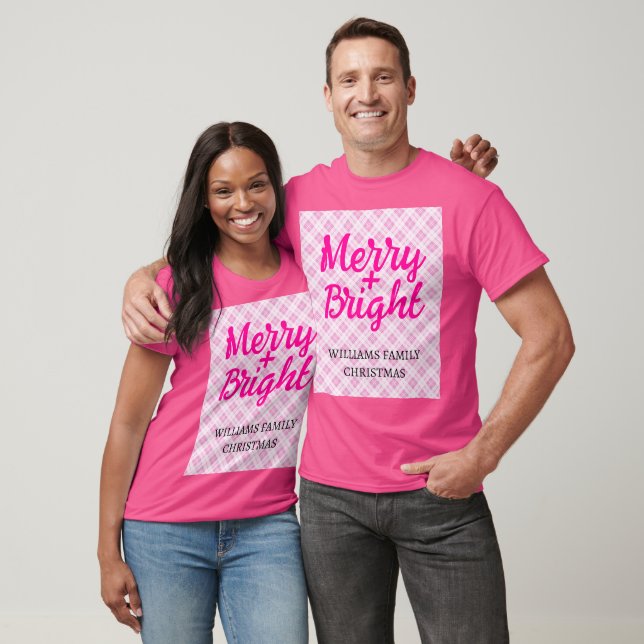 Pink tartan Christmas Merry Bright Family name T-Shirt (Unisex)
