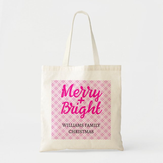 Pink tartan Christmas Merry Bright Family name Tote Bag (Front)