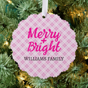 Pink tartan Christmas Merry Bright Family name Tree Decoration Card